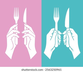 Minimalist Illustration of Hands Holding Fork and Knife with Dual-Colored Background