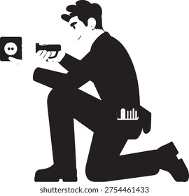 Minimalist illustration of a handyman installing an electrical outlet with a level, depicting home improvement and repair services in a flat graphic style. - Powered by Shutterstock - Get 15% off with code: PIKWIZARD15
