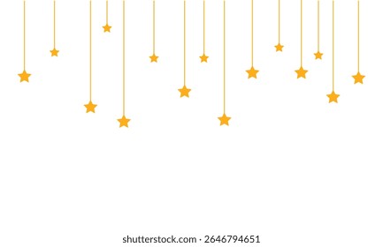 Minimalist illustration of hanging golden stars on a white background. Ideal for festive decorations, celebratory themes, invitation cards, or seasonal designs with a whimsical and clean style.