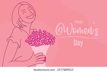 Minimalist illustration of happy woman with bouquet of flowers for women's day