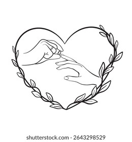 Minimalist illustration of heart shape with hands of bride and groom, newlyweds putting rings on each other. Symbol of everlasting love, marriage, wedding invitation, union and meaningful connection