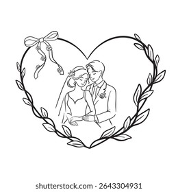 Minimalist illustration of heart shape with newlywed couple bride and groom framed by elegant leafy branches. Symbol of everlasting love, marriage, wedding invitation, union and meaningful connection