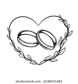 Minimalist illustration of heart shape with two intertwined wedding rings framed by elegant leafy branches. Perfect symbol of everlasting love, marriage, wedding invitation, union 