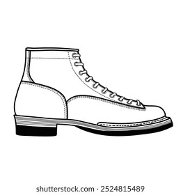 minimalist illustration of high shaft lace-up rugged hiking shoes with moc toe boots type with black lineart and white background