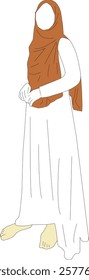 A minimalist illustration of a hijab woman wearing a long white dress and a brown hijab. The line art style is simple, with slight detailing on the fabric folds.