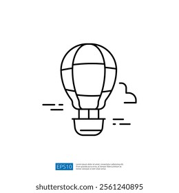 A minimalist illustration of a hot air balloon, featuring a simple outline design with a basket and clouds, symbolizing travel and adventure.