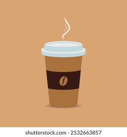 Una ilustración minimalista de una taza de café caliente con una tapa y un logotipo de grano de café en una manga marrón. La taza emite vapor, sobre un fondo simple, perfecto para diseños relacionados con el café.