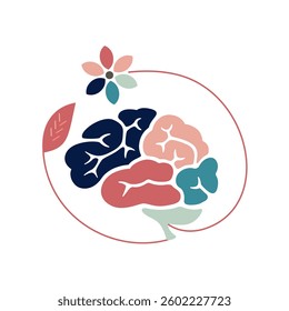 Minimalist illustration of a human brain with flower and leaf. mental health awareness design concept. 