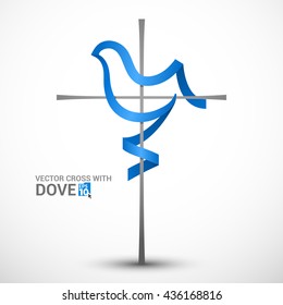 Minimalist illustration with the image of a stylized cross and dove blue ribbon.