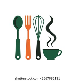 A minimalist illustration of isolated icons of cooking utensils. There is a green spoon, an orange fork, a cream whisk, and a steaming tea cup. 