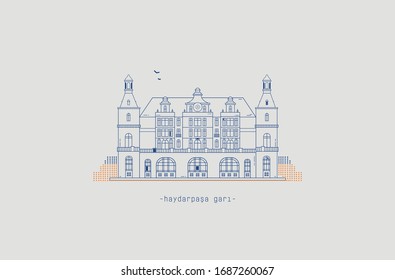 Minimalist illustration of Istanbul's iconic Haydarpaşa Train Station.