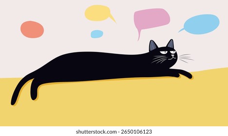 A minimalist illustration of a laid-back black cat lying on a yellow surface with colorful speech bubbles above.