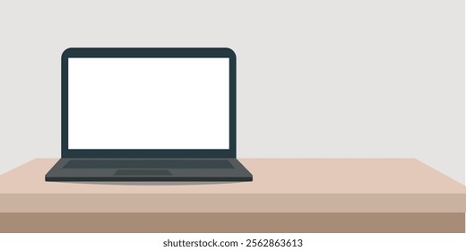 Minimalist illustration of a laptop with a blank white screen placed on a wooden table against a neutral background.