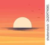 Minimalist Illustration of a Large Sun Setting or Rising Over the Ocean Horizon with Birds Flying in a Warm Colored Sky