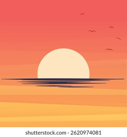 Minimalist Illustration of a Large Sun Setting or Rising Over the Ocean Horizon with Birds Flying in a Warm Colored Sky