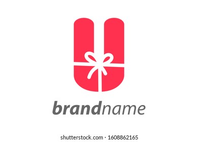 Minimalist illustration logo design Initial U combine with box gift.