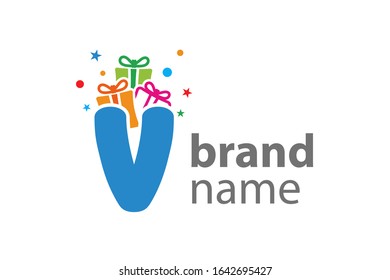 Minimalist illustration logo design Initial V combine with box gift.