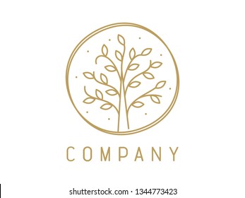 Minimalist Illustration Logo Design Monoline Tree Gold Color Version.