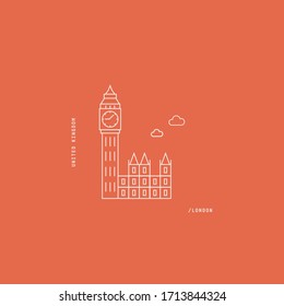 Minimalist illustration of London's iconic Big Ben and Palace of Westminster with orange color.