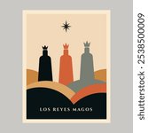 Minimalist Illustration of Los Reyes Magos Three Kings with Star and Colorful Hills Background