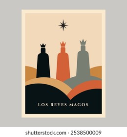 Minimalist Illustration of Los Reyes Magos Three Kings with Star and Colorful Hills Background