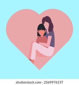 Minimalist illustration of a loving mother holding her child, symbolizing warmth, care, and family love, with a soft pink heart background and pastel blue backdrop