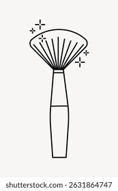 Minimalist illustration of a makeup brush with sparkles. Simple black lines on a white background. Makeup brush icon for beauty and cosmetics themes. Line art illustration vector.
