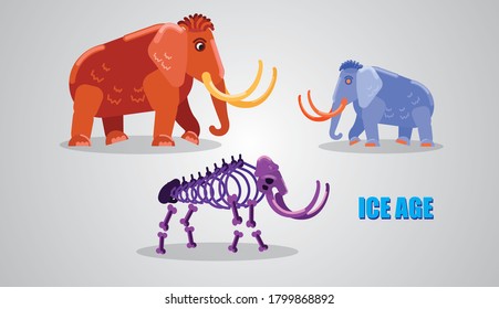 Minimalist illustration of the Mammoth, an extinct species of genus Mammuthus, along with its fossil vector. Equipped with long, curved tusks and covering of long hair, they existed during the ice-age
