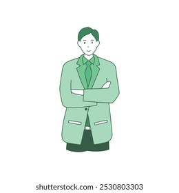 Ilustração minimalista de um homem de terno verde, de pé com os braços cruzados.