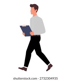 A minimalist illustration of a man walking while holding a clipboard, depicted in a flat design style, representing business, administrative tasks, or professional work.