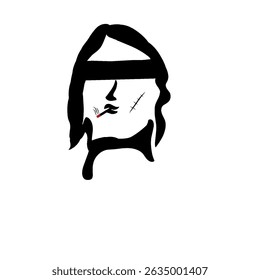 Minimalist illustration of a man's face with long hair, an eye patch (headband), a scar on his cheek, and a cigarette in his mouth. Dominantly black and white silhouette style.
