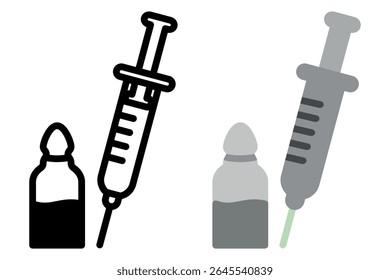 Ilustração minimalista de uma seringa médica e frasco mostrado em negrito e estilos cinza - perfeito para temas de design de cuidados de saúde, injeção ou vacinação.