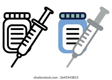 Ilustração minimalista de uma seringa médica e frasco para injetáveis em ambos os estilos de contorno e cor, colocado sobre um fundo circular azul - ideal para vacinação ou temas de saúde.