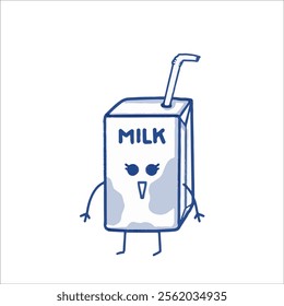 Minimalist illustration of a milk carton with arms, legs, and a cheerful face, showcasing a quirky and charming aesthetic. Great for stickers, children’s materials, or creative branding.