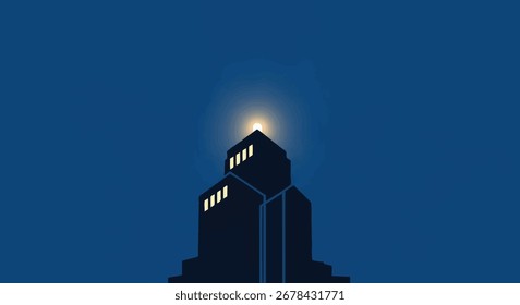 A minimalist illustration of a modern building complex at night, with a light source emanating from the top, set against a dark blue background.