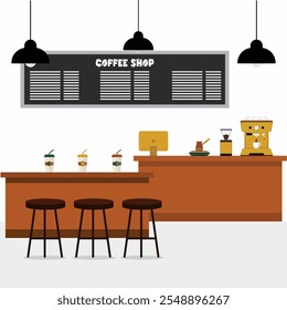 Minimalist illustration of a modern coffee shop interior featuring a counter with drinks, a yellow espresso machine, coffee grinder, and stools. A black menu board and hanging pendant lights
