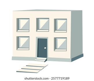 Minimalist illustration of a modern office building with multiple windows and a front entrance, representing urban architecture, business centers, and commercial real estate