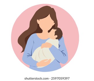 Minimalist illustration of a mother holding her baby in her arms. Tender and loving moment of motherhood, perfect for parenting themes, family blogs, and childcare concepts