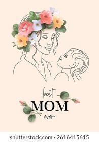 Minimalist illustration for Mothers Day. Mother wearing a wreath of roses looks at her child. Line drawing