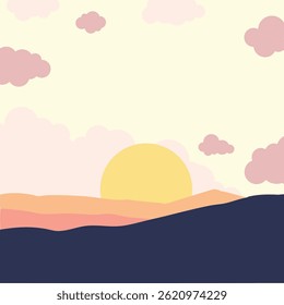 Minimalist Illustration of a Mountain Landscape at Sunrise or Sunset with Soft Pastel Colors and Clouds in the Sky