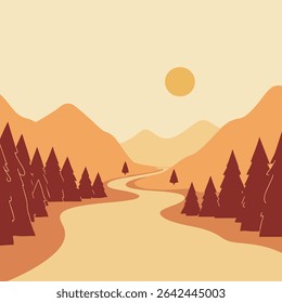 A minimalist illustration of a mountain landscape with a winding river, evergreen trees, and a sun in a warm color palette.
