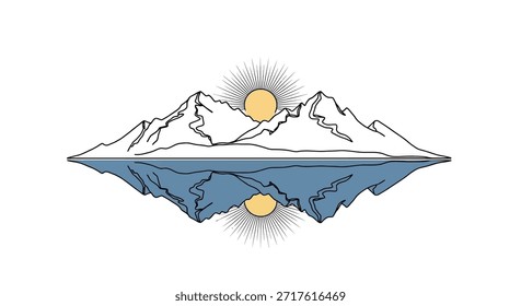 Uma ilustração minimalista de uma cordilheira refletida na água, com o sol posicionado entre as montanhas. As linhas limpas e a paleta de cores simples evocam uma sensação de calma e serenidade. Este