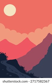 Uma ilustração minimalista de uma cordilheira ao pôr do sol, com cores quentes e uma atmosfera serena. Arte vetorial com uma estética calma.
