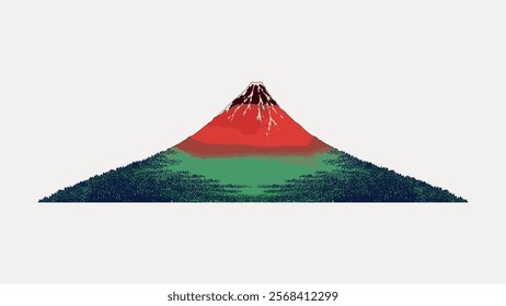 Minimalist illustration of a mountain with red and green hues. The mountain's peak is highlighted, creating a striking visual. Simple, colorful mountain art. Isolated vintage vector element.