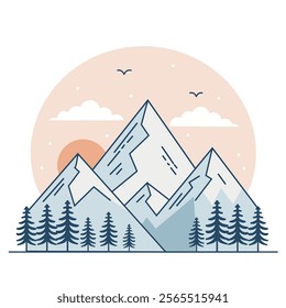 Minimalist Illustration of Mountains at Sunset with Pine Trees in the Foreground

