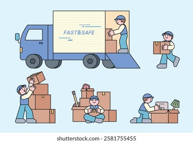 Minimalist illustration of movers loading and unloading boxes from a truck. A concept of moving, relocation, delivery, and logistics. Perfect for themes of transportation and home shifting. 