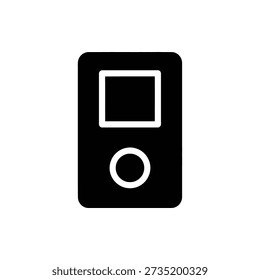 Minimalist illustration of an MP3 player with a screen and control button on a plain white background.