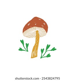 Minimalist illustration of a mushroom with a brown cap and a beige stem, surrounded by small green foliage. Earthy tones and a simple aesthetic design for nature-inspired artwork.