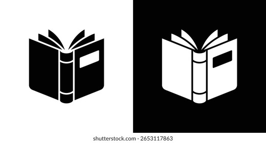 Minimalist illustration of an open book with visible pages, set in inverted black and white color schemes. The image shows book's spine and cover on divided background.