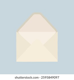 Minimalist illustration of an open envelope on a light blue background. The envelope is beige, with a simple, clean design. Perfect for stationery themes. Minimal illustration vector.